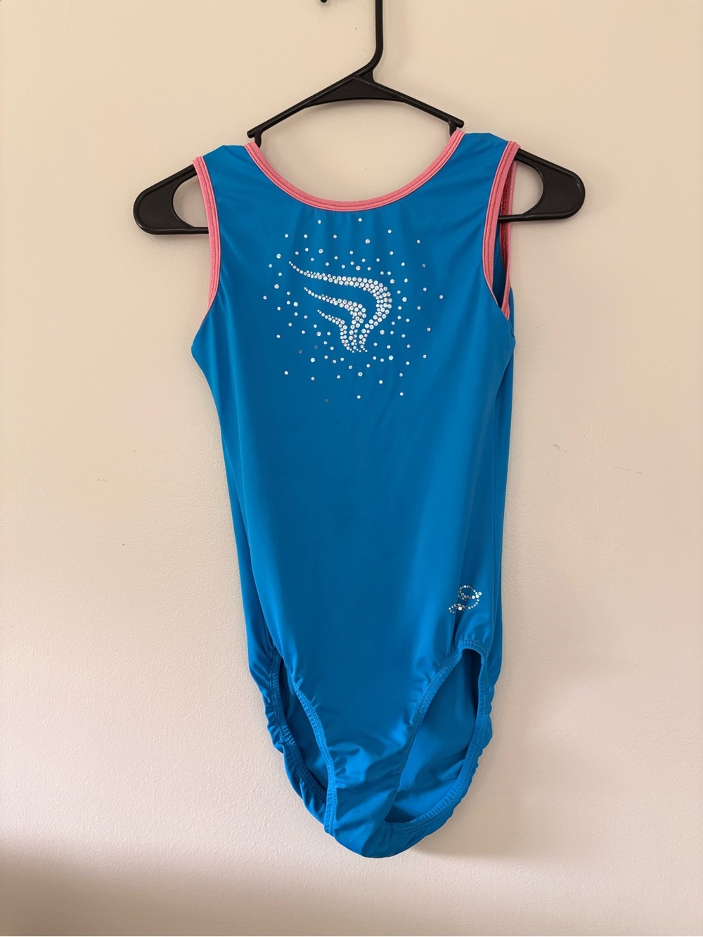 Girls Blue Swimsuit/Leotard with Pink Trim and Rhinestones (fits sm adult!)
